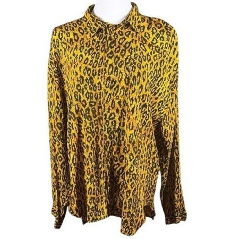 Cafe Womens‎ Yellow Leopard Print Rayon Button Down Shirt Long Sleeve Size 2 USA